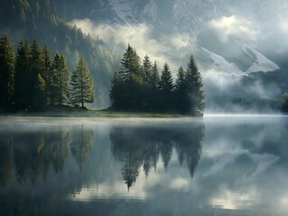 A forest with a lake in the background. The lake is covered in fog. The trees are tall and green - obrazy, fototapety, plakaty