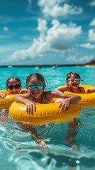 Joyful children having fun on inflatable swimming mattresses in the pool on a sunny day.