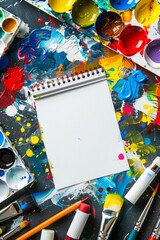 Blank note surrounded by artistic tools such as paintbrushes, markers, and colorful paint palettes. 