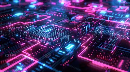 Obraz premium Futuristic neon circuit patterns glowing vibrantly on a dark surface