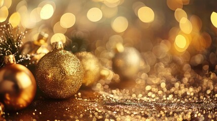 Fototapeta na wymiar Golden glitter sparkling on a festive decoration