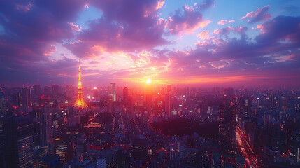 Fototapeta premium A city skyline with a large tower in the background and a sunset in the foreground. The sky is a mix of pink and purple hues, creating a serene and peaceful atmosphere