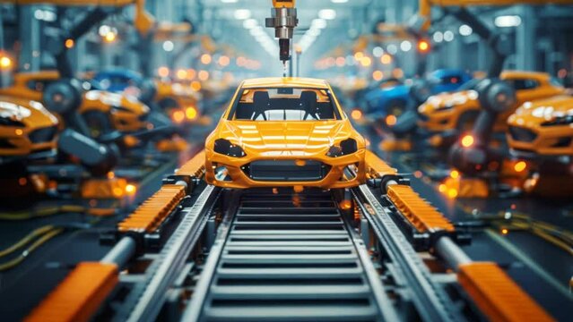 Robotic arms weld and paint cars in a automobile factory depicted in a flat illustration, Generated by AI	