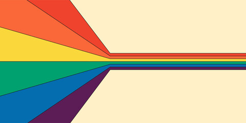 Retro rainbow color striped path horizontal banner. Geometric hippie rainbows perspective flow print. Vintage hippy style abstract iridescent stripes. Trendy groovy minimal y2k colorful spectral art