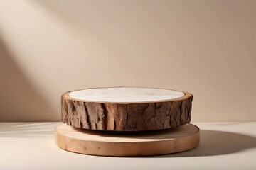 Wooden Podium with Bark. Real Wood Slab. Empty Round Natural Form. Pedestal for Product