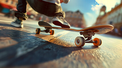 skateboarder doing skate tricks on the road, close up of skateboarder