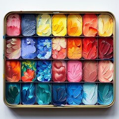 A palette full of colorful oil paints.