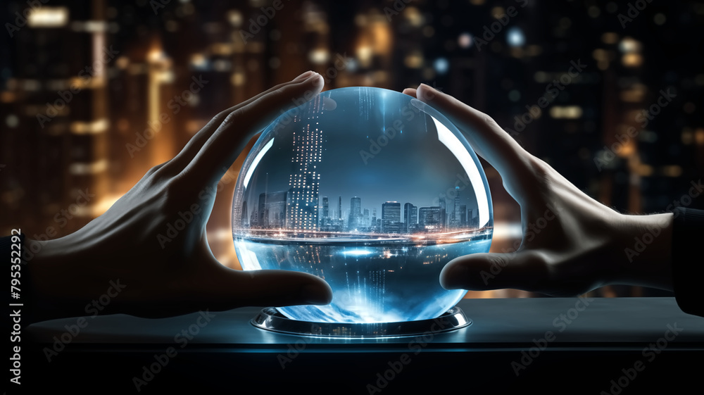 Poster hands framing a crystal ball with a futuristic cityscape. vision and forecast concept with a technol