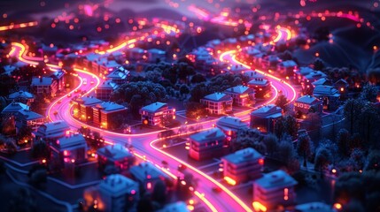 An aerial view of a city at night with glowing pink and blue lights. - obrazy, fototapety, plakaty