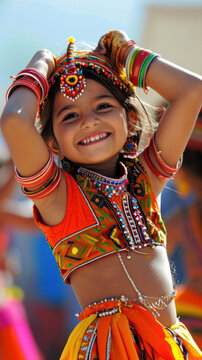 Portrait of a dancing little girl in traditional Indian attire.