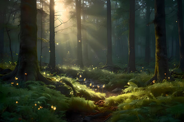 Magic morning sunlight with fireflies in mossy forest
