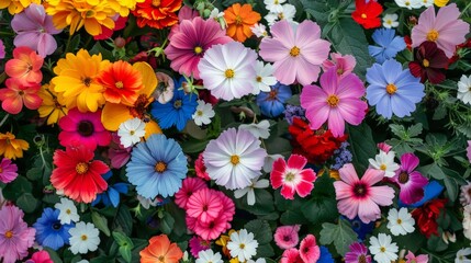 Colorful flowers with green leaves