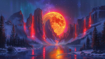The red moon is rising over the mountains. - obrazy, fototapety, plakaty