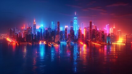 Cityscape of New York City with blue and red lights reflecting off the water at night. - obrazy, fototapety, plakaty