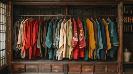 A minimalist Japanese kimonos hanging on a traditional wooden rack.