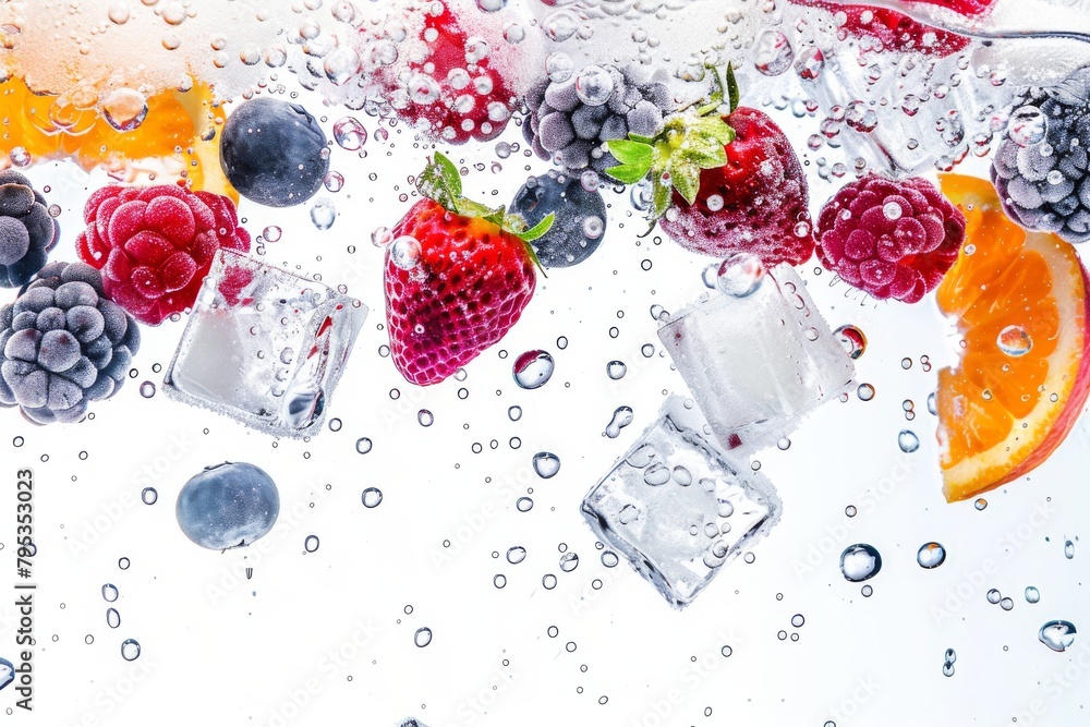 Poster ice cubes with frozen fruits floating in a transparent white background, perfect for refreshing drin