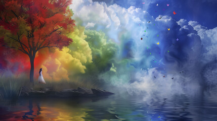 Landscape with trees clouds water, vivid colorful water color