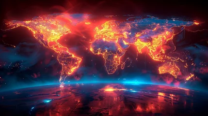 Foto op Canvas A digital painting of the Earth on fire. The continents are glowing orange and red, and the oceans are glowing blue. There is a blue and purple atmosphere around the Earth. © Lucky_jl