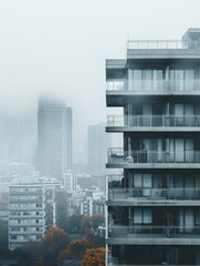A minimalist Japanese apartment building against a backdrop of urban skyline.
