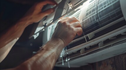Obraz premium Emphasizing Regular Maintenance: Hands Removing a Clogged Air Filter from a Residential AC Unit