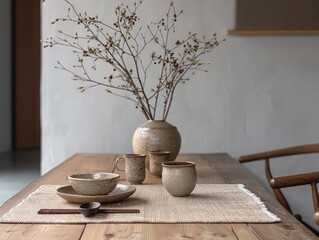 A minimalist Japanese dining table set with traditional ceramic dishes and utensils.