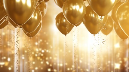 Golden balloons with ribbons for birthday celebration banner background.