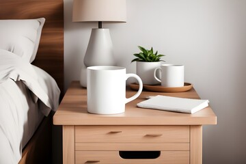 White mug on wooden table