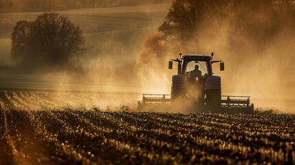 Tractor cultivating field at spring - obrazy, fototapety, plakaty