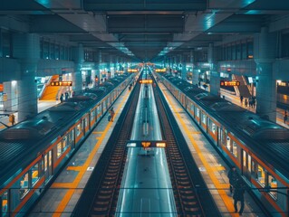 A minimalist Japanese train station during rush hour.