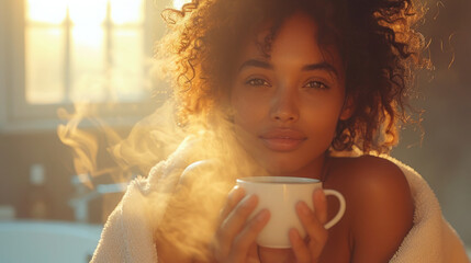 Thoughtful mixed race woman wearing bathrobe with cup of tea relaxing in bathroom at home with beautiful sunlight on background.. - Powered by Adobe