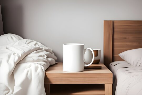 White mug on wooden table
