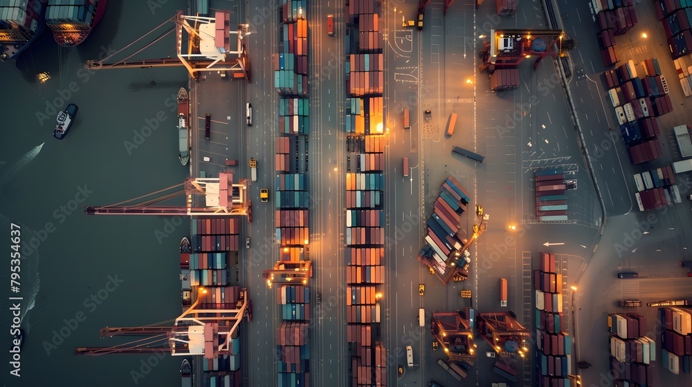 Poster global supply chain network in motion: aerial view of bustling port and distribution