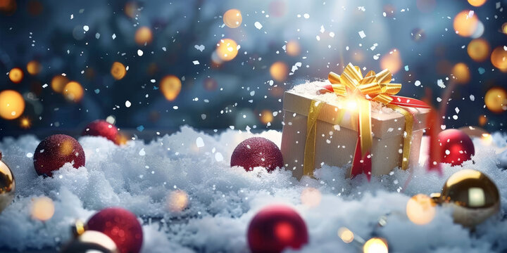 christmas background with white snow, gift box with golden ribbon on the right side and red Christmas balls around it. copy space