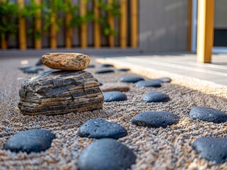 Close-up shot of a Zen garden with meticulously arranged rocks and gravel, capturing the essence of Japanese minimalism.