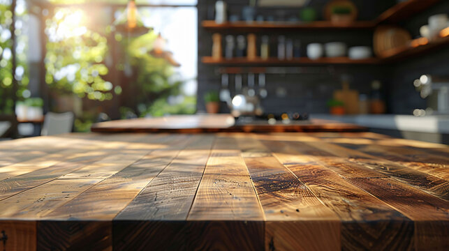 A rustic wooden kitchen countertop with a modern kitchen in the background, featuring dark cabinets, stainless steel appliances, and hanging utensils.