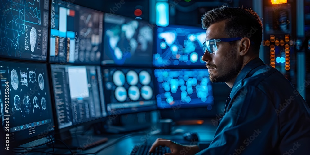Poster technician programming secure biometric access control system with futuristic interface
