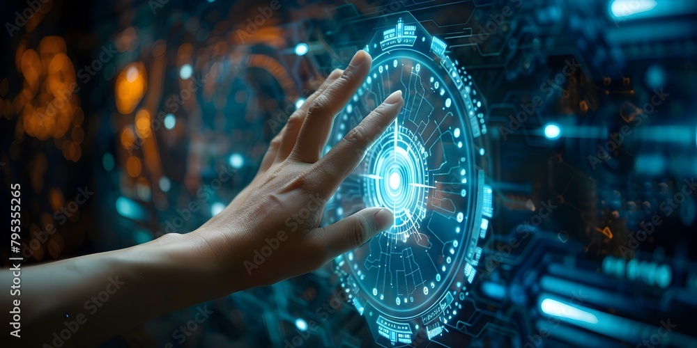 Poster futuristic digital security concept with hand touching virtual shield lock button