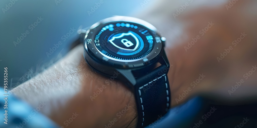 Poster smartwatch lock shield button activating digital security in wearable technology
