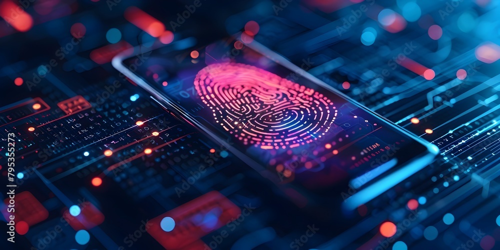 Poster biometric mobile security interface with fingerprint and retina scan icons for multifactor authentic
