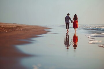 Indian young couple walking beach love. - obrazy, fototapety, plakaty