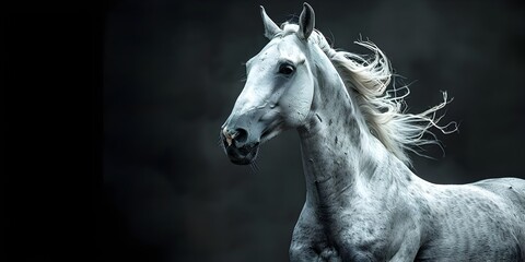 Majestic Rearing Silver White Horse in Dramatic Studio Lighting Against Stark Black Background