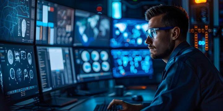 Technician Programming Secure Biometric Access Control System with Futuristic Interface