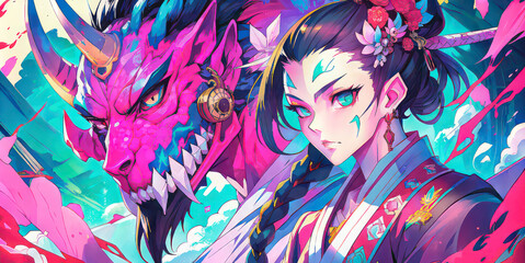 Anime Bandit lord dragon and Chinese girl in kimano. Oni dragon crime lord sign and anime woman. They are an anime woman - obrazy, fototapety, plakaty
