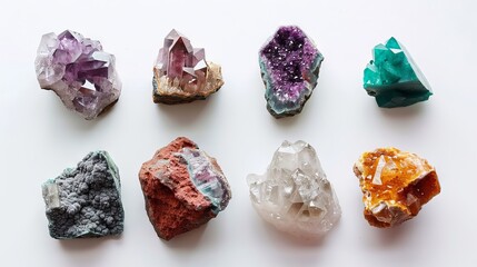 Fototapeta premium Magnificent gemstone specimens showcasing their natural splendor against a blank white surface