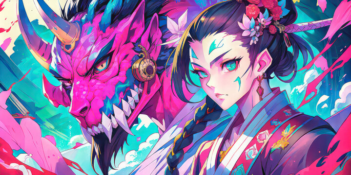Anime Bandit lord dragon and Chinese girl in kimano. Oni dragon crime lord sign and anime woman. They are an anime woman