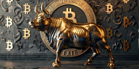 Fototapeta premium Luxurious Crypto Bull Standing Before Glowing Bitcoin Wall