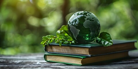 Green Globe Resting on a Stack of Legal Books Symbolizing Eco Friendly Foundations for a Sustainable Future