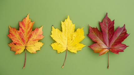 Three leaves in different colors on green surface