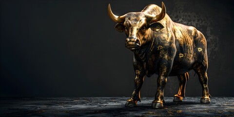 Golden Bull Sculpture with Bitcoin Shadow Symbolism on Dark Background - obrazy, fototapety, plakaty
