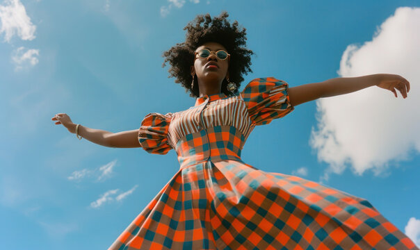 series of photos wide angle view from below portrait of African woman against the sky in a checkered dress in the style of the 90s